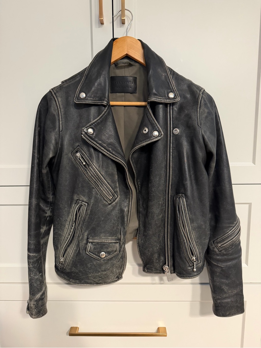All Saints Black Distressed Leather Moto Jacket
